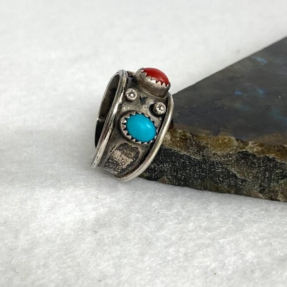 VTG Sterling Silver 925 Southwest Style Turquoise Coral 3 Stone Wide Band Ring - Picture 5 of 16